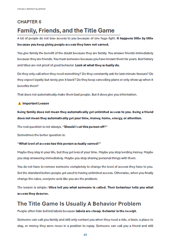 Page from The Self-Respect Blueprint: Chapter 6 — Family, Friends, and the Title Game