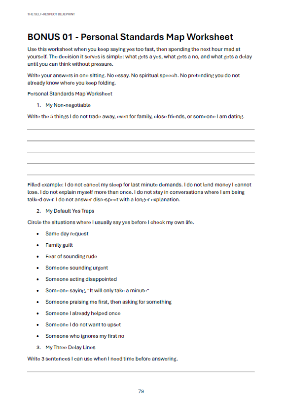 Page from The Self-Respect Blueprint: Bonus — Personal Standards Map Worksheet