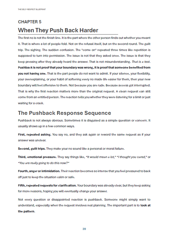 Page from The Self-Respect Blueprint: Chapter 5 — When They Push Back Harder