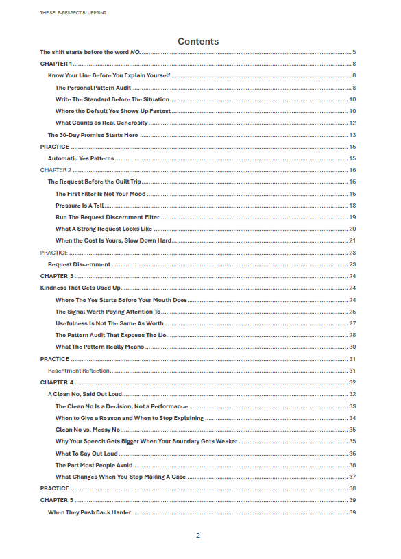 Page from The Self-Respect Blueprint: Table of contents