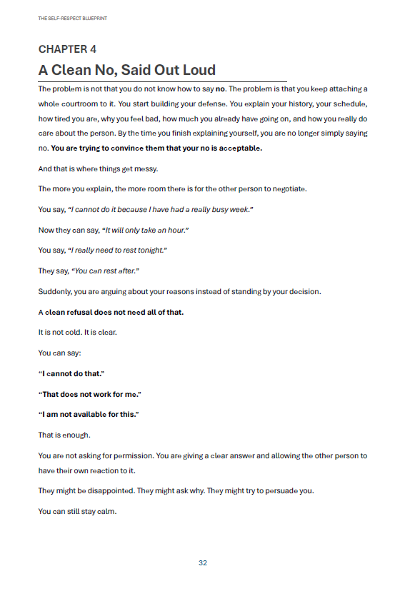 Page from The Self-Respect Blueprint: Chapter 4 — A Clean No, Said Out Loud